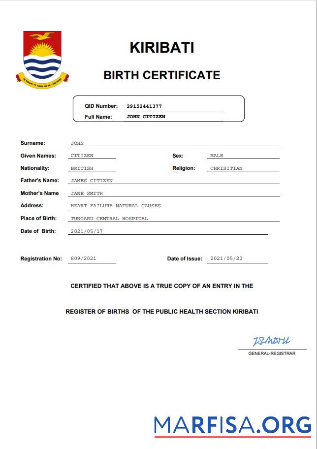 Blank Kiribati birth certificate Word and PDF template